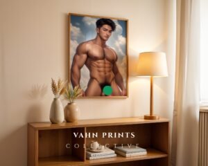 Dreamy Nude Male Illustration Wall Art Handsome Muscular Man Gay