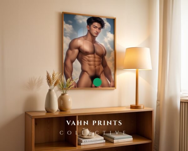 Dreamy Nude Male Illustration Wall Art Handsome Muscular Man Gay