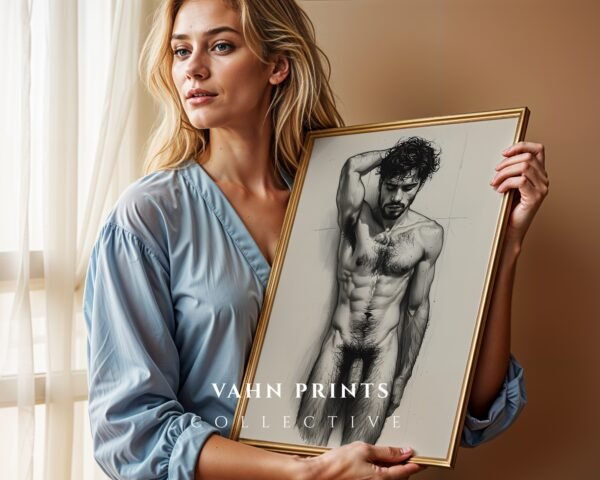 Minimalist Male Nude Wall Art Muscular Body Line Sketch Digital Art Print