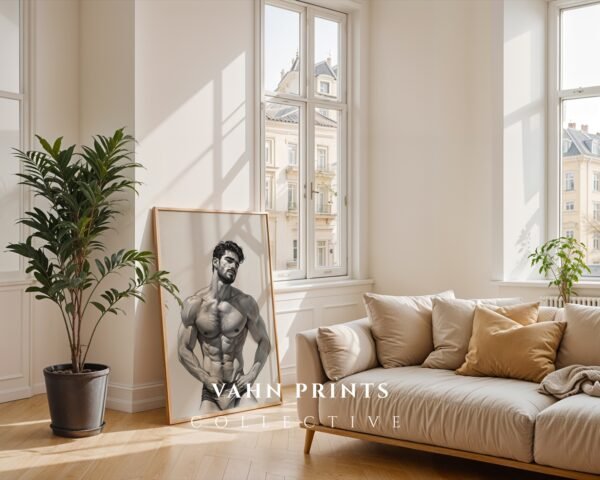 Nude Masculine Figure Wall Art Handsome Male Sketch Modern Decor