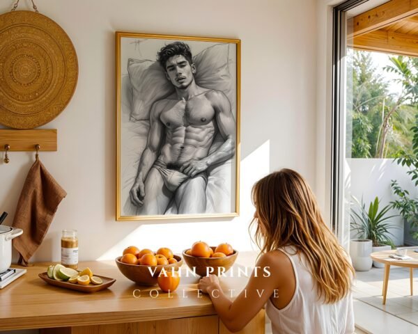 Handsome Male Figure Line Art Nude Body Modern Wall Decor