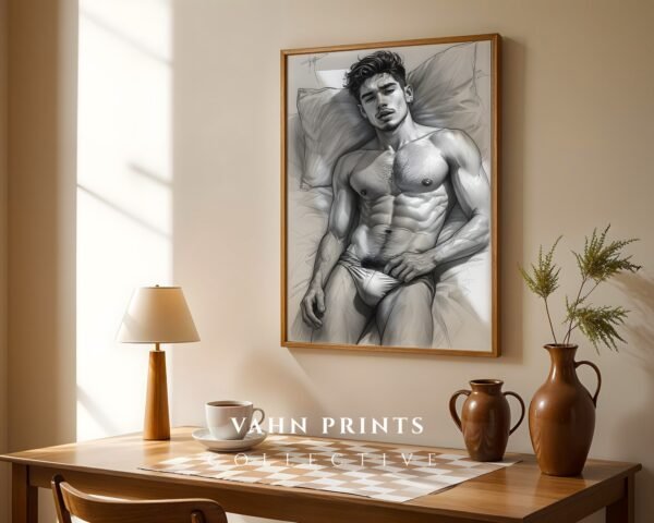 Handsome Male Figure Line Art Nude Body Modern Wall Decor
