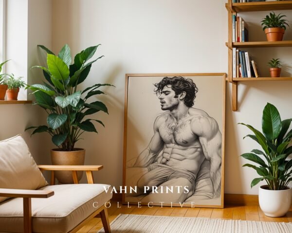 V124c_m2 Male Nude Torso Line Art Print Muscular Figure Modern Decor