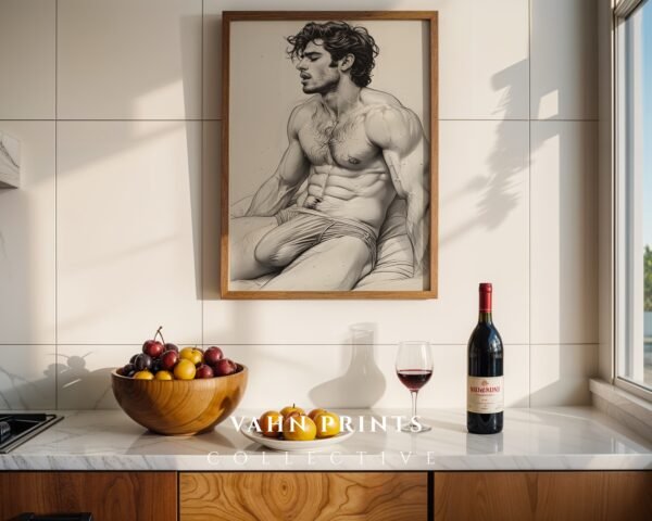 V124c_m5 Male Nude Torso Line Art Print Muscular Figure Modern Decor