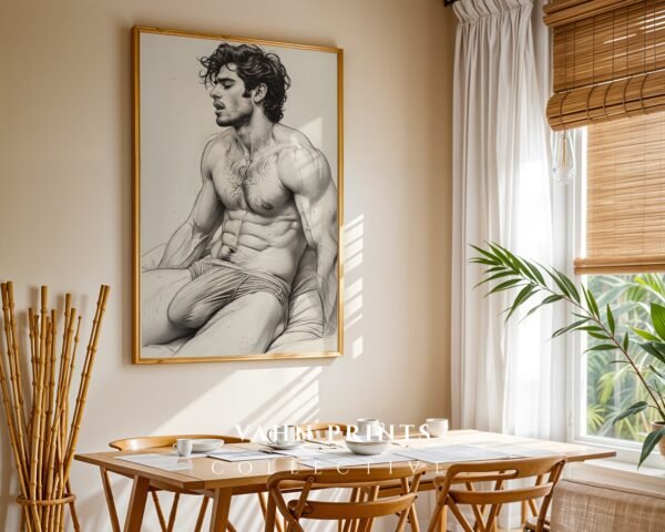 V124c_m6 Male Nude Torso Line Art Print Muscular Figure Modern Decor