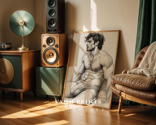 V124c_m8 Male Nude Torso Line Art Print Muscular Figure Modern Decor
