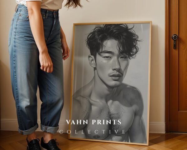 Male Body Line Drawing Wall Art Nude Muscular Figure Print