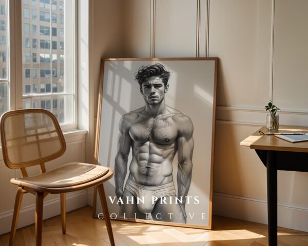 V143c_m10 Male Nude Body Art Line Drawing Minimalist Wall Print