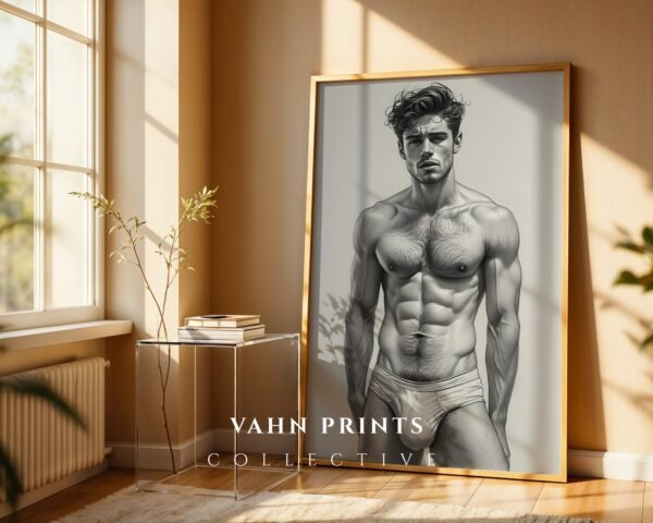V143c_m6 Male Nude Body Art Line Drawing Minimalist Wall Print