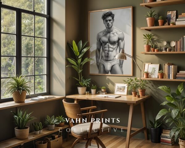 V143c_m8 Male Nude Body Art Line Drawing Minimalist Wall Print