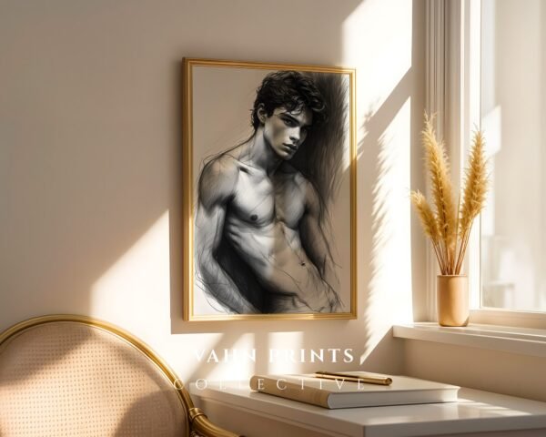 Stylish Nude Male Figure Line Art Printable Decor