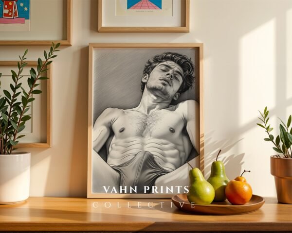Clean Minimal Nude Male Wall Art Figure Sketch