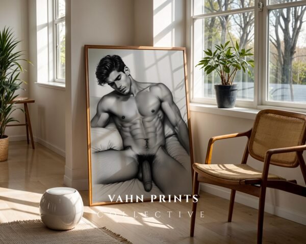 Elegant Nude Male Body Art Line Drawing Wall Print